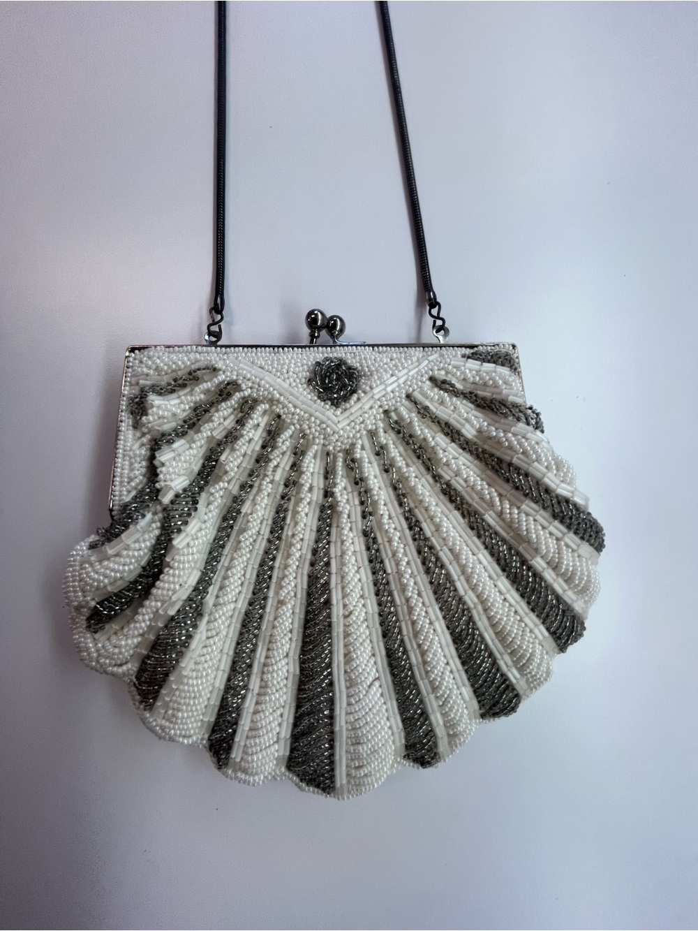 Vintage Beaded Shell Evening Bag - White & Silver